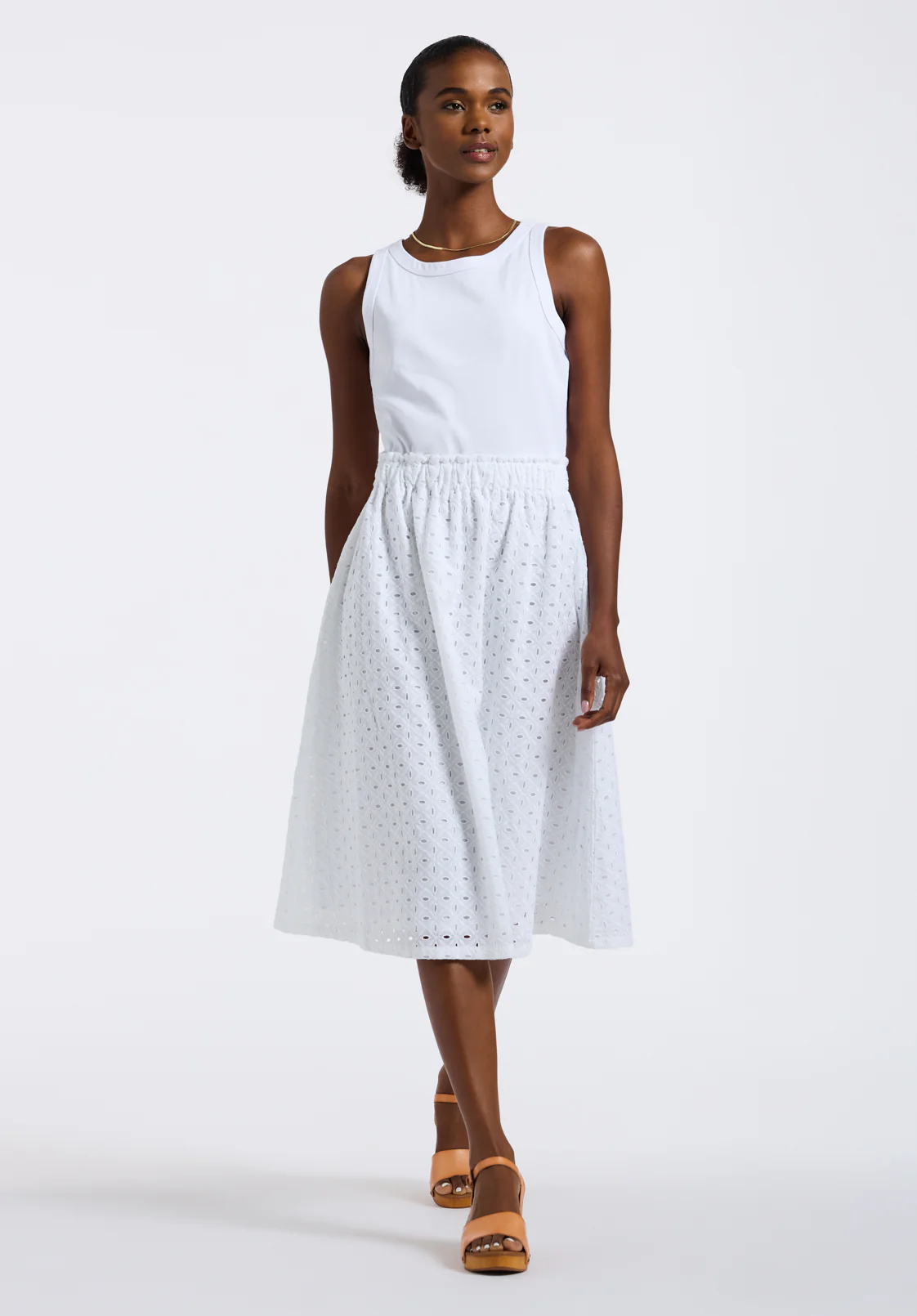 Drea Women's Tank Dress with Eyelet Embroidered Skirt, White - WD0067P