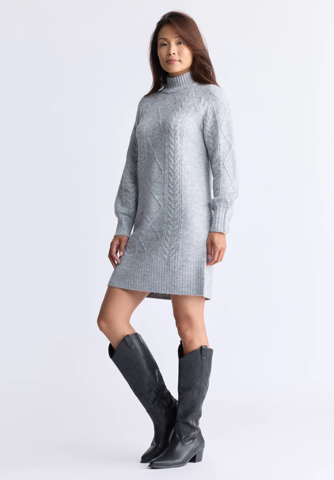 Levelle Women's Cable Knit Turtleneck Sweater Dress, Grey - SD0005H - Image 3